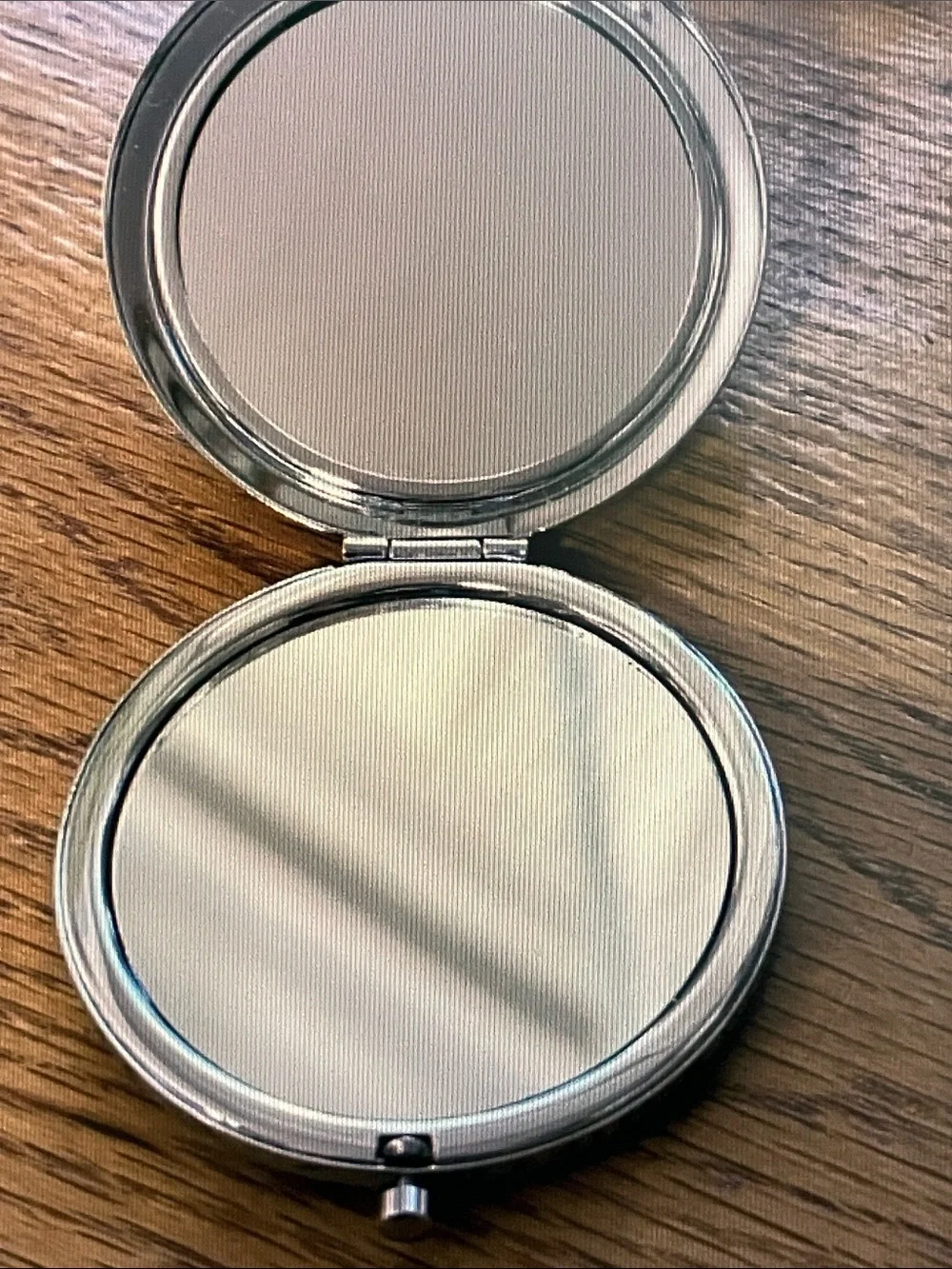 Silver Floral Compact Vanity Mirror with Iridescent Blue Inlay